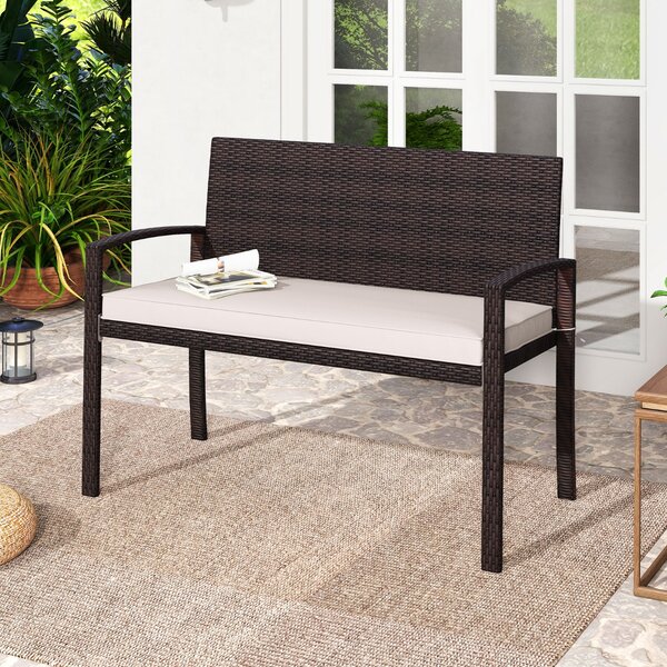 Costway Panchina in rattan per patio da esterno con schienale e braccioli per giardino, Panca in vimini a 2 posti Bianco