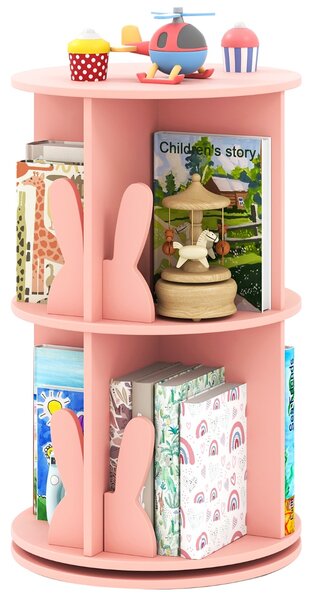 Costway Libreria rotante per bambini scaffale girevole a 360° con 2 ripiani, Portaoggetti con paratie a forma di coniglio Rosa