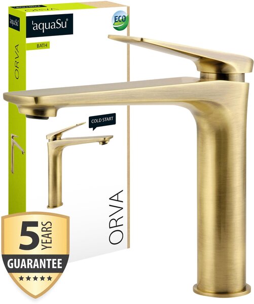 "Miscelatore per lavabo a parete modello Orva, finitura bronzo, con tecnologia aquaSu® per il risparmio idrico."