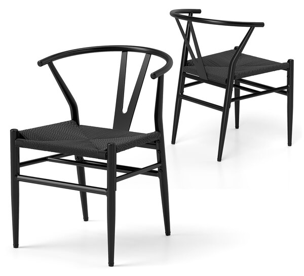 Costway Sedie da cucina con schienale a forma di Y e cuscino in rattan intrecciato, Sedie d'accento impilabili Nero