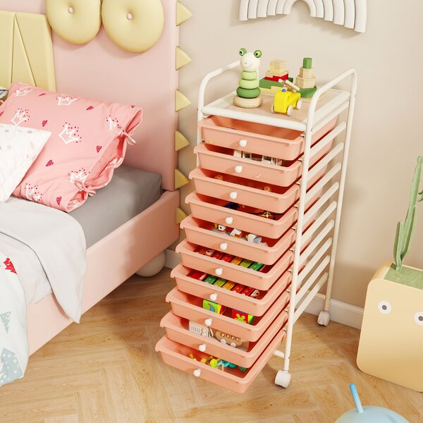Costway Carrello cassettiera multiuso con 10 cassetti da cucina, Contenitore con ruote a 10 ripiani per bagno Oro rosa