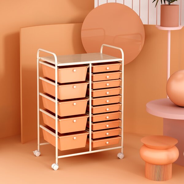 Costway Carrello con 15 cassetti estraibili e ruote con freno, Carrello multiuso per casa ufficio scuola Oro rosa