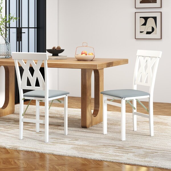 Costway Sedie da cucina senza braccioli rivestite in ecopelle con struttura in legno di gomma, Set di 2 sedie da pranzo pieghevoli Bianco