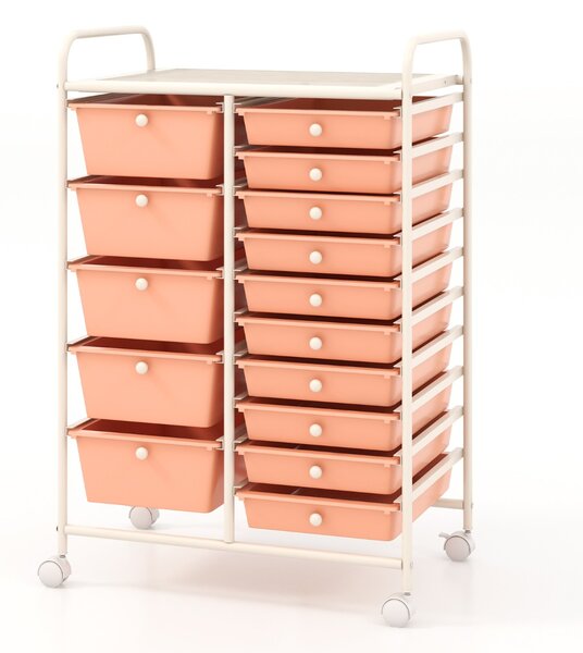 Costway Carrello con 15 cassetti estraibili e ruote con freno, Carrello multiuso per casa ufficio scuola Oro rosa