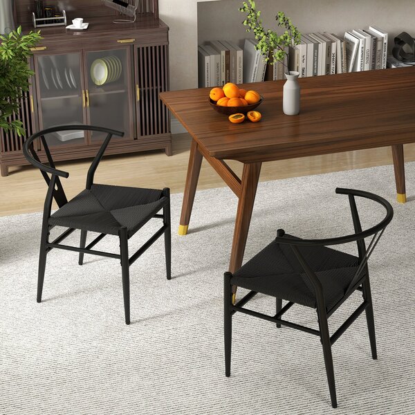 Costway Sedie da cucina con schienale a forma di Y e cuscino in rattan intrecciato, Sedie d'accento impilabili Nero