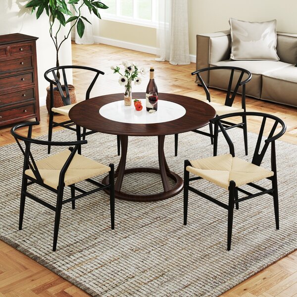 Costway Sedie da cucina con schienale a forma di Y e cuscino in rattan intrecciato, Sedie d'accento impilabili Beige