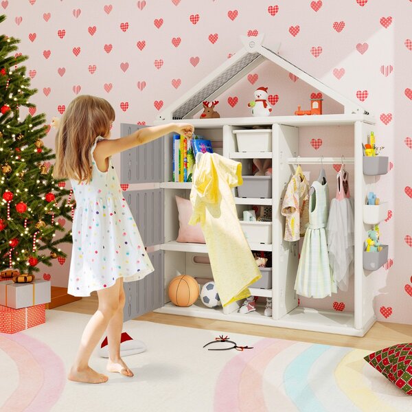 Costway Armadio portaoggetti per bambini con appendiabiti da letto dei bambini, Organizzatore di vestiti con 3 armadietti Grigio