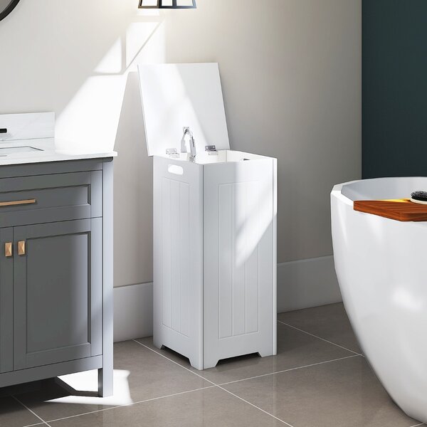 Costway Cesto della biancheria 34 L con coperchio cerniera di metallo per bagno, Armadietto con grande capacità Bianco