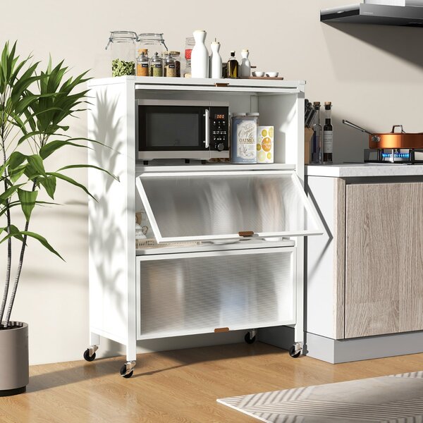 Costway Supporto per microonde in metallo su ruote bloccabili per snack, Mobiletto da cucina a 4 livelli con ante ribaltabili Bianco
