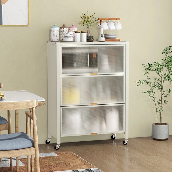 Costway Supporto per microonde in metallo su ruote bloccabili per snack, Mobiletto da cucina a 4 livelli con ante ribaltabili Bianco