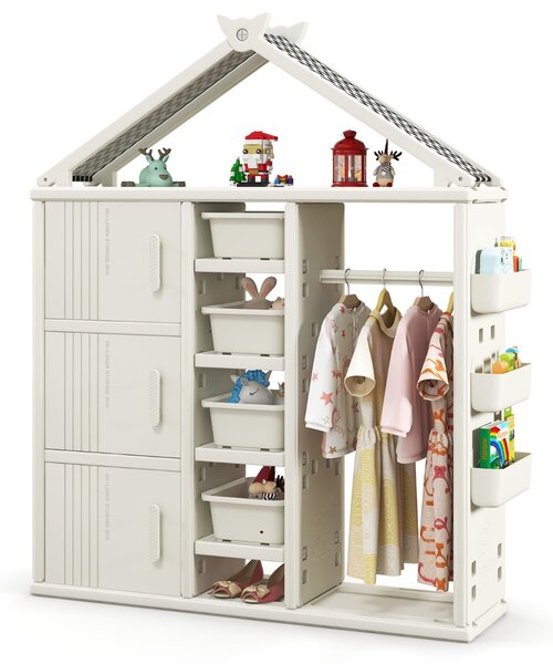 Costway Armadio portaoggetti per bambini con appendiabiti da letto dei bambini, Organizzatore di vestiti con 3 armadietti Beige
