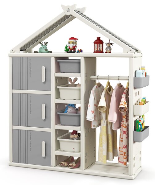 Costway Armadio portaoggetti per bambini con appendiabiti da letto dei bambini, Organizzatore di vestiti con 3 armadietti Grigio