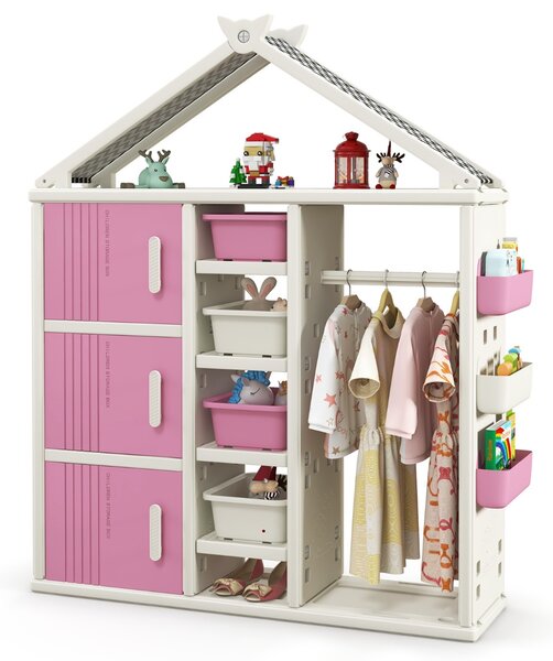 Costway Armadio portaoggetti per bambini con appendiabiti da letto dei bambini, Organizzatore di vestiti con 3 armadietti Rosa