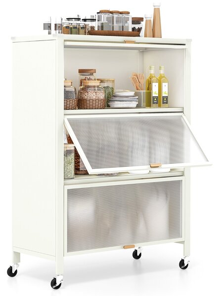 Costway Supporto per microonde in metallo su ruote bloccabili per snack, Mobiletto da cucina a 4 livelli con ante ribaltabili Bianco