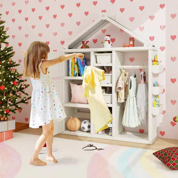 Costway Armadio portaoggetti per bambini con appendiabiti da letto dei bambini, Organizzatore di vestiti con 3 armadietti Beige