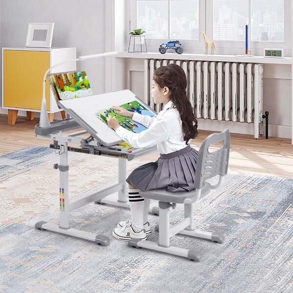 Costway Set scrivania e sedia per bambini con altezza regolabile, Scrivania e sedia con leggio per libri e luce LED Grigio
