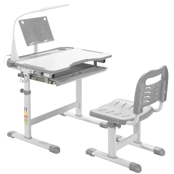 Costway Set scrivania e sedia per bambini con altezza regolabile, Scrivania e sedia con leggio per libri e luce LED Grigio