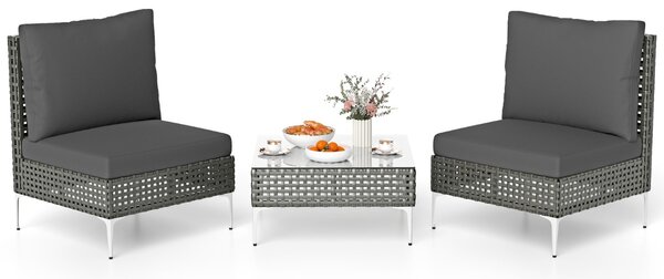 Costway Set da conversazione in rattan con cuscini e tavolino in vetro temperato, Mobili da esterno da 3 pezzi con tavolo e sedie Grigio