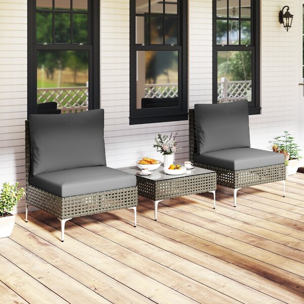 Costway Set da conversazione in rattan con cuscini e tavolino in vetro temperato, Mobili da esterno da 3 pezzi con tavolo e sedie Grigio