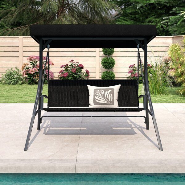 Costway Altalena da veranda 3 persone con supporto altalena da esterno con sedile rattan, Altalena Telaio in metallo e tettuccio regolabile Nero