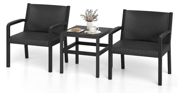 Costway Set di conversazione da esterno con 2 poltrone moderne in rattan e tavolino quadrato, Set di mobili da patio a 3 pezzi Nero
