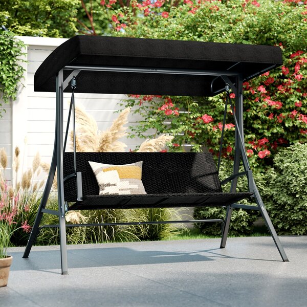 Costway Altalena da veranda 3 persone con supporto altalena da esterno con sedile rattan, Altalena Telaio in metallo e tettuccio regolabile Nero