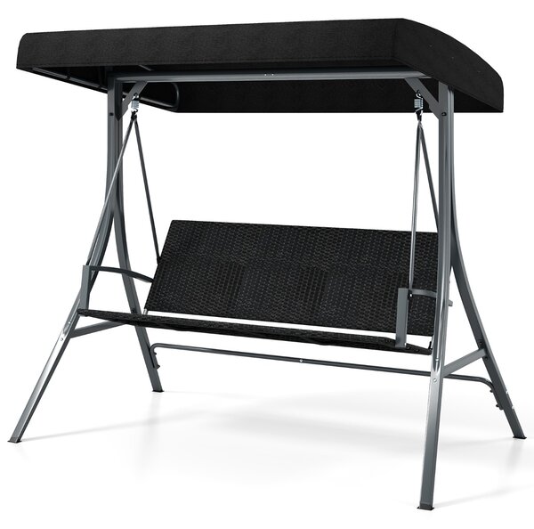 Costway Altalena da veranda 3 persone con supporto altalena da esterno con sedile rattan, Altalena Telaio in metallo e tettuccio regolabile Nero