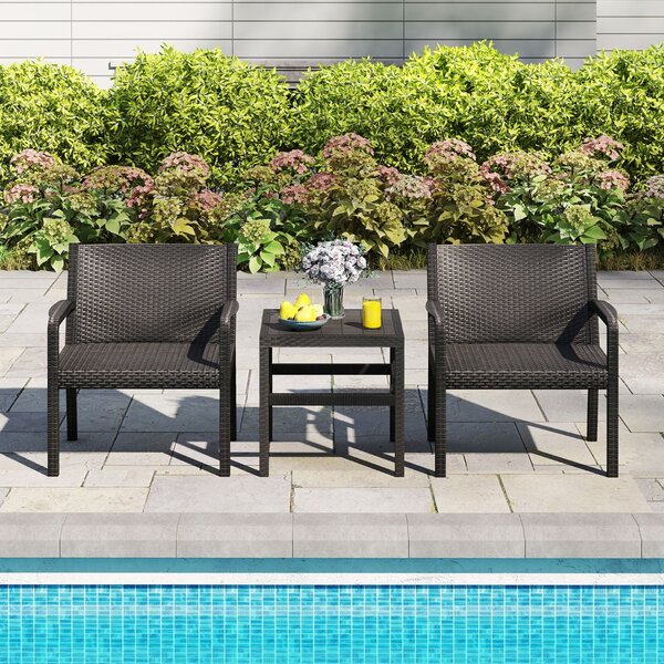 Costway Set di conversazione da esterno con 2 poltrone moderne in rattan e tavolino quadrato, Set di mobili da patio a 3 pezzi Nero