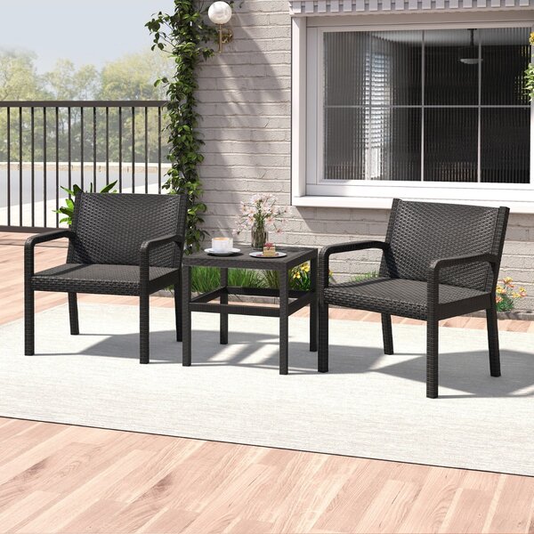 Costway Set di conversazione da esterno con 2 poltrone moderne in rattan e tavolino quadrato, Set di mobili da patio a 3 pezzi Nero