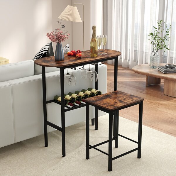 Costway Tavolo da pranzo ovale e 2 sgabelli con portabottiglie arredamento per cucina, Set da tavolo alto a 3 pezzi portabicchieri da vino Marrone