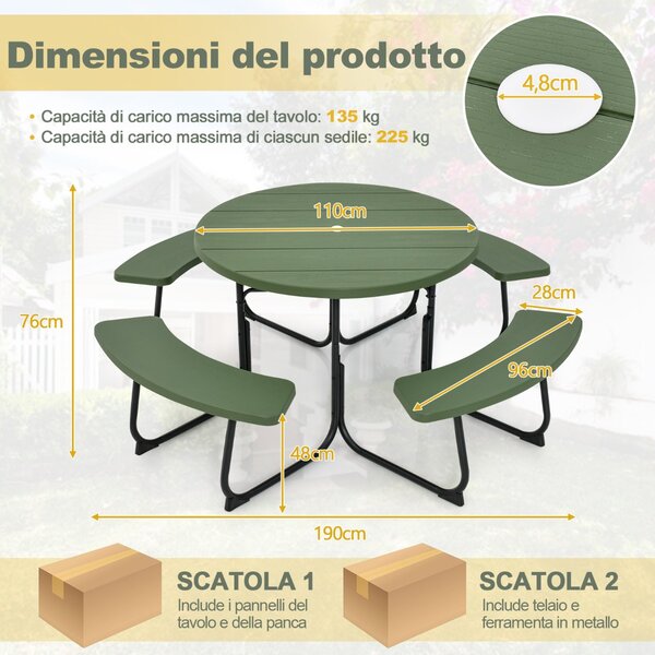Costway Set tavolo da picnic per 8 persone con 4 panche e foro per ombrellone, Tavolo da picnic circolare portata 225kg Verde