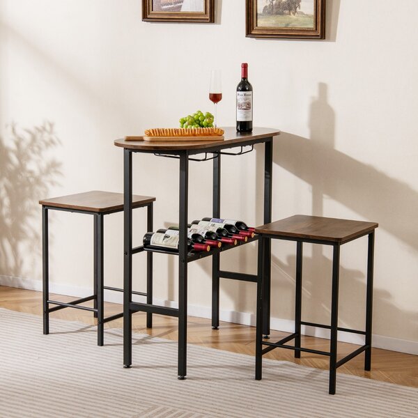 Costway Tavolo da pranzo ovale e 2 sgabelli con portabottiglie arredamento per cucina, Set da tavolo alto a 3 pezzi portabicchieri da vino Marrone