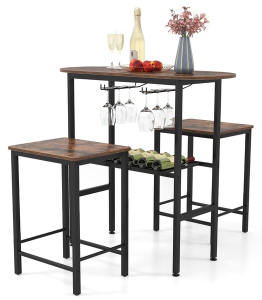 Costway Tavolo da pranzo ovale e 2 sgabelli con portabottiglie arredamento per cucina, Set da tavolo alto a 3 pezzi portabicchieri da vino Marrone
