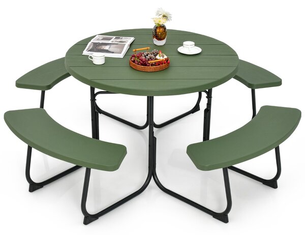 Costway Set tavolo da picnic per 8 persone con 4 panche e foro per ombrellone, Tavolo da picnic circolare portata 225kg Verde