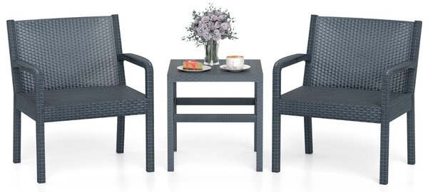 Costway Set di conversazione da esterno con 2 poltrone moderne in rattan e tavolino quadrato, Set di mobili da patio a 3 pezzi Grigio