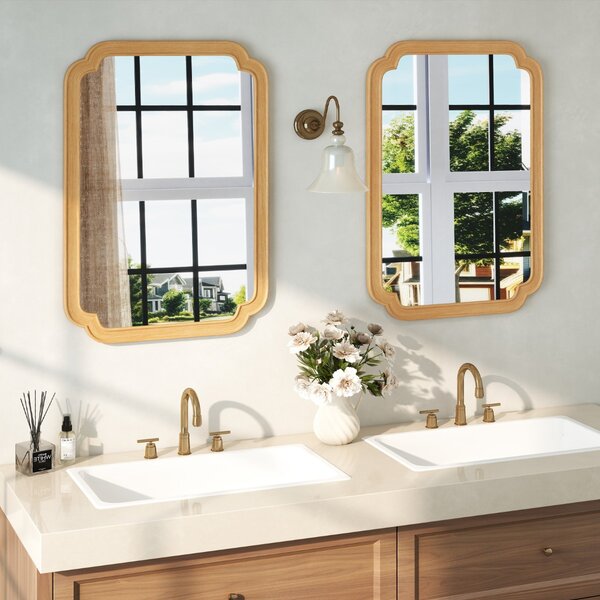 Costway Specchio decorativo rettangolare in stile rustico per bagno soggiorno ingresso, Specchio da parete ad arco con angoli arrotondati Naturale