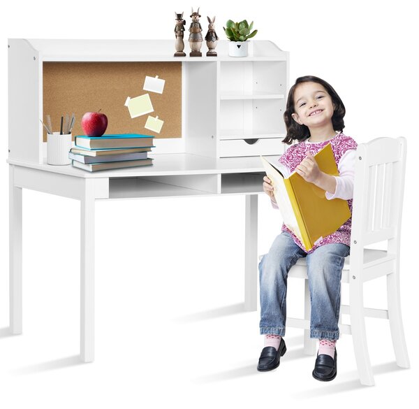 Costway Scrivania per bambini con sedia mensola bacheca in sughero da letto, Set scrivania e sedia per bambini postazione di lavoro Bianco