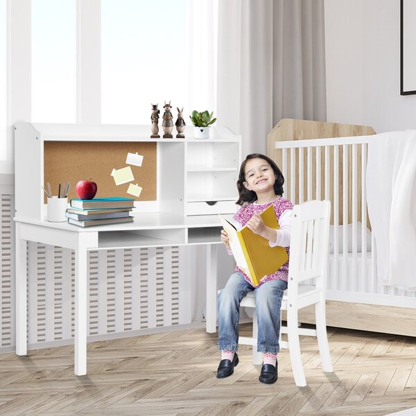 Costway Scrivania per bambini con sedia mensola bacheca in sughero da letto, Set scrivania e sedia per bambini postazione di lavoro Bianco