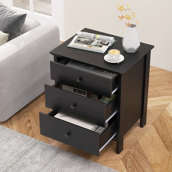 Costway Comodino con 3 cassetti per camera da letto, Cassettiera compatta in legno con spazio di archiviazione per divano Nero