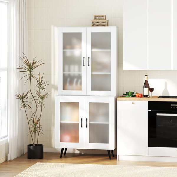 Costway Madia autonoma con gambe in metallo per sala da pranzo soggiorno, Armadio dispensa da cucina 178,5 cm con 4 ante trasparenti Bianco