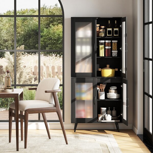 Costway Madia autonoma con gambe in metallo per sala da pranzo soggiorno, Armadio dispensa da cucina 178,5 cm con 4 ante trasparenti Nero