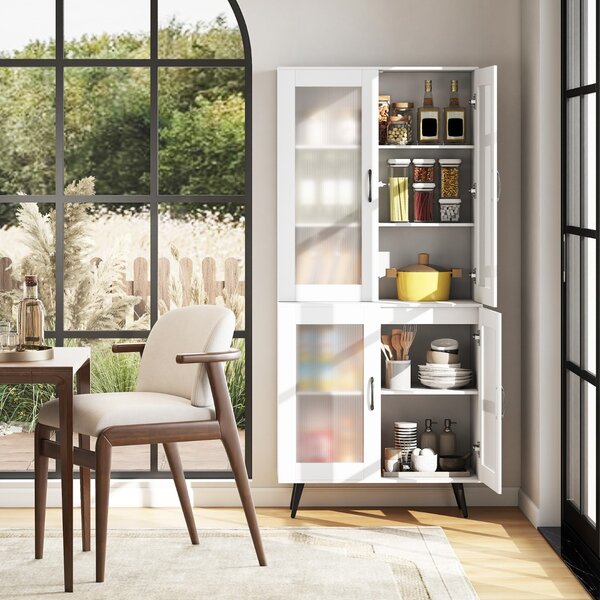 Costway Madia autonoma con gambe in metallo per sala da pranzo soggiorno, Armadio dispensa da cucina 178,5 cm con 4 ante trasparenti Bianco