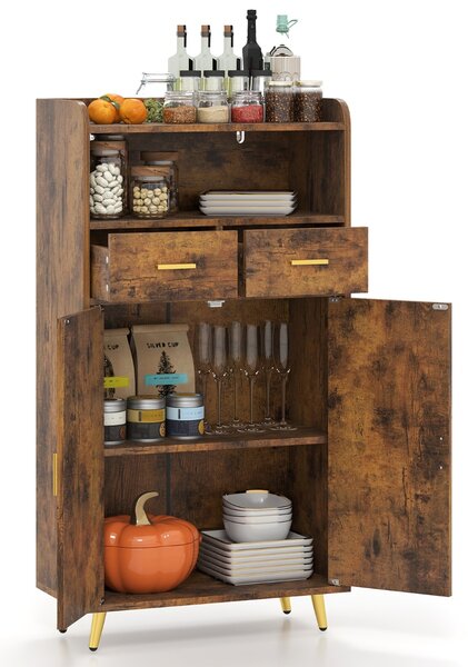 Costway Mobile dispensa 113 cm con ante 2 cassetti e ripiano regolabile per bagno, Armadio da cucina sala da pranzo soggiorno Marrone