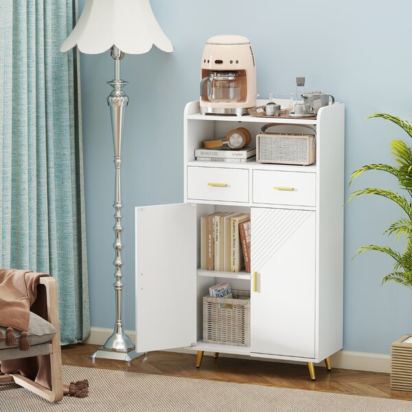 Costway Mobile dispensa 113 cm con ante 2 cassetti e ripiano regolabile per bagno, Armadio da cucina sala da pranzo soggiorno Bianco