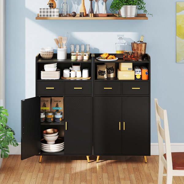 Costway Mobile dispensa 113 cm con ante 2 cassetti e ripiano regolabile per bagno, Armadio da cucina sala da pranzo soggiorno Nero