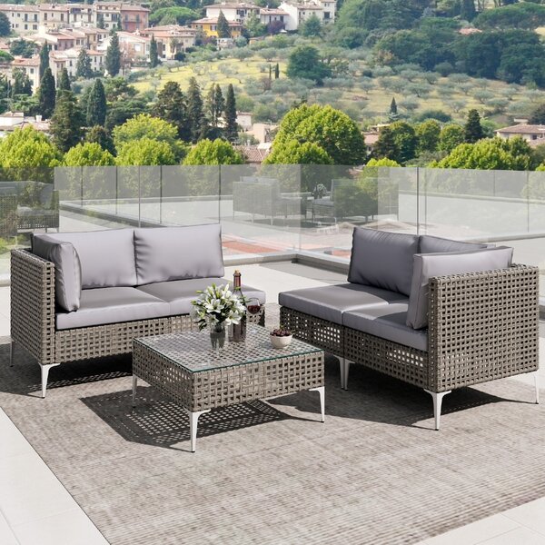 Costway Sedie da giardino in rattan con tavolino da caffè in vetro temperato per cortile, Divano modulare in vimini con cuscini Grigio misto