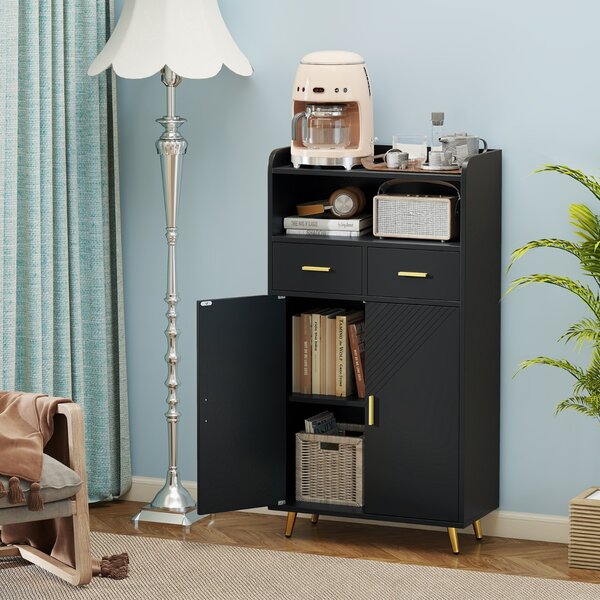 Costway Mobile dispensa 113 cm con ante 2 cassetti e ripiano regolabile per bagno, Armadio da cucina sala da pranzo soggiorno Nero