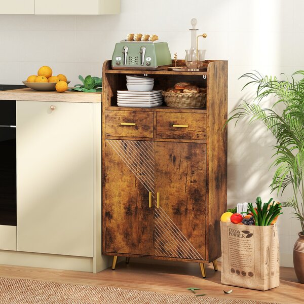 Costway Mobile dispensa 113 cm con ante 2 cassetti e ripiano regolabile per bagno, Armadio da cucina sala da pranzo soggiorno Marrone