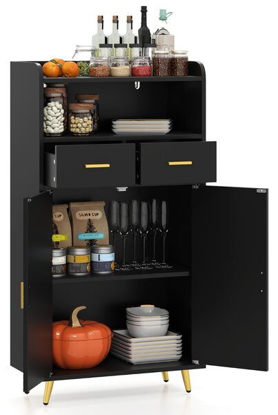 Costway Mobile dispensa 113 cm con ante 2 cassetti e ripiano regolabile per bagno, Armadio da cucina sala da pranzo soggiorno Nero