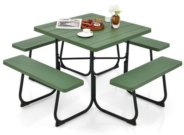 Costway Set tavolo da picnic quadrato per 8 persone, Tavolo per esterni con foro per ombrellone capacità di 225kg Verde